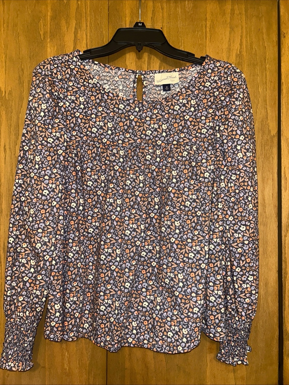Universal Thread Navy Floral Baby Doll Blouse with Peach Accents
